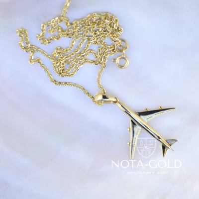 Кулон-подвеска Самолёт из жёлтого золота на цепочке плетение Якорь станочное (Вес: 8,5 гр.)