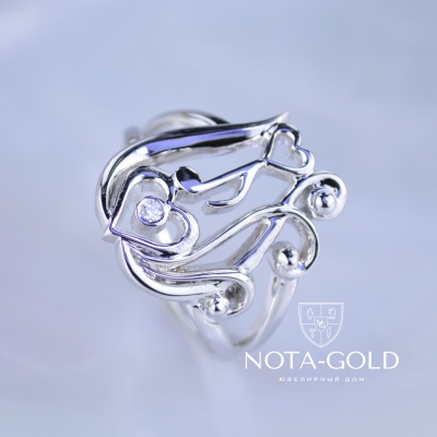 Женское кольцо из белого золота с нотами лирой и бриллиантом (Вес: 7 гр.)