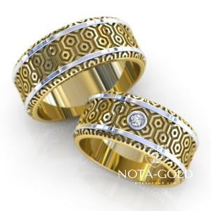 Обручальные кольца Генератор в жёлто-белом золоте с бриллиантом (Вес пары 16,3 гр.)