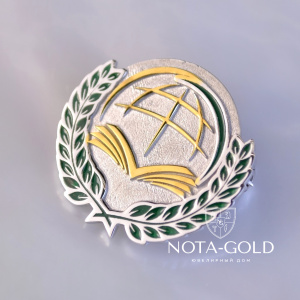 Эксклюзивная золотая брошь с логотипом компании и эмалью (Вес: 4,5 гр.)