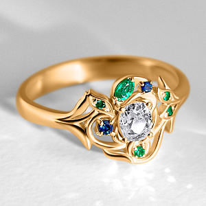 Женское золотое кольцо цветок с крупным бриллиантом, сапфирами и изумрудами (Вес 4,5 гр.)