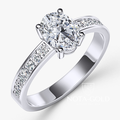 Кольцо из белого золота с овальным Лабораторным бриллиантом 1,5 ct и дорожкой лабораторных бриллиантов (Вес 3,8 гр.)