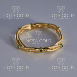 Плетеное женское кольцо из желтого золота с изумрудами (Вес 2,3 гр.)