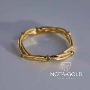 Плетеное женское кольцо из желтого золота с изумрудами (Вес 2,3 гр.)