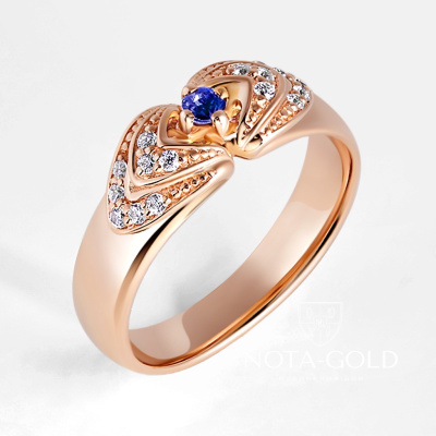 Женское кольцо из красного золота с сапфиром и бриллиантами (Вес 3 гр.)