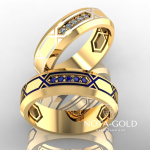 Обручальные кольца Шарм с эмалью, с дорожкой бриллиантов и сапфиров i2598 (Вес пары:12 гр.)