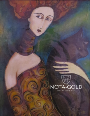 Картина батик и пастель на ткани - Девушка с котом 35x43 см