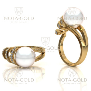 Женское кольцо из жёлтого золота с жемчужиной и бриллиантами 0,19 карат (Вес: 4,8 гр.)
