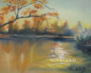 Картина маслом на холсте - осень, вода, закат 25x20 см