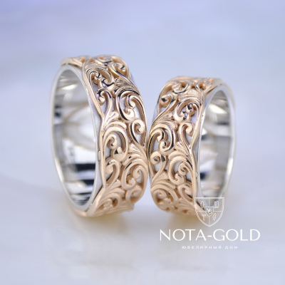 Дизайнерское старинное обручальное кольцо с ажурными вензелями из двухцветного золота (Вес пары: 22 гр.)