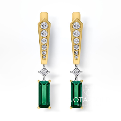 Женские висячие серьги из двух видов золота с бриллиантами и прямоугольными изумрудами (Вес 5,4 гр.)
