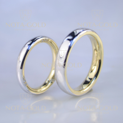 Обручальные кольца бублики из двух оттенков золота с бриллиантами в торце (Вес пары: 11,5 гр.)