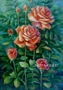 Картина натюрморт маслом на холсте - цветы розы букет 50x30 см