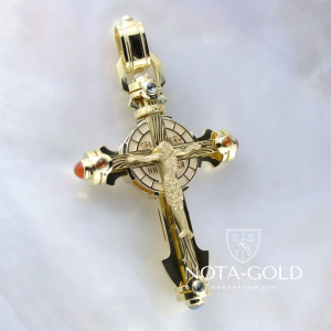 Православный золотой крест с распятием, образом иконы Спас Нерукотворный и драгоценными камнями (Вес 43 гр.)
