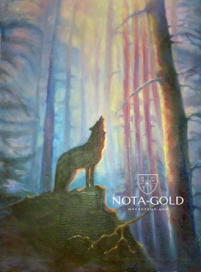 Картина лесной пейзаж маслом на холсте с волком воющим на луну 50x30 см