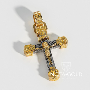 Нательный малый православный мужской крестик с чернёным узором из золота (Вес: 13,7 гр.)