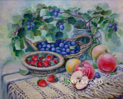 Картина натюрморт маслом на холсте - тёрн с яблоками и клубникой 50x60 см