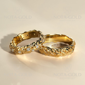 Обручальные кольца Колосок из желтого золота с бриллиантами (Вес пары 11,8 гр.)