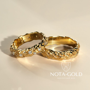 Обручальные кольца Колосок из желтого золота с бриллиантами (Вес пары 11,8 гр.)