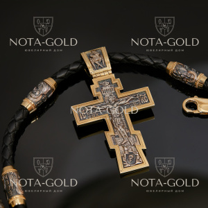 Золотой мужской православный крест на кожаном шнурке с золотыми вставками (Вес: 91 гр.)