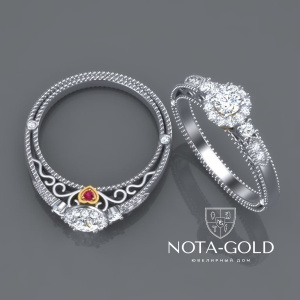 Помолвочное кольцо из белого золота с бриллиантами 0,43 карат и рубином в сердечке на заказ  (Вес: 4 гр.)