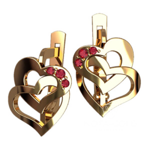 Женские серьги 40711 двойные сердечки из желтого золота с рубинами (Вес 2,7 гр.)