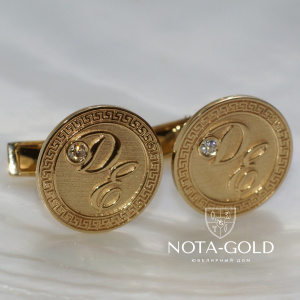 Золотые запонки из красного золота с инициалами и бриллиантами на заказ (Вес пары: 9,5 гр.)