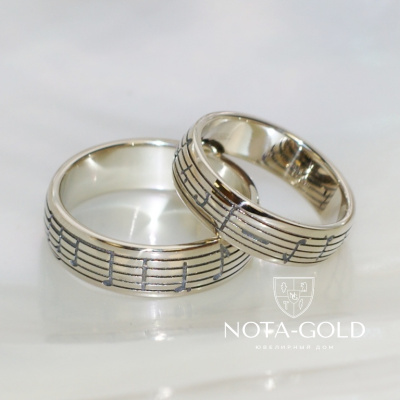 Обручальные кольца из белого золота "Ноты" на заказ (Вес пары: 10 гр.)