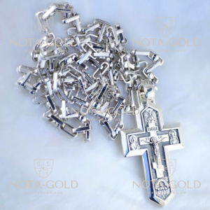 Серебряный крест с ликами святых и гравировкой Спаси и сохрани на цепочке плетение Носорог (Вес: 34 гр.)