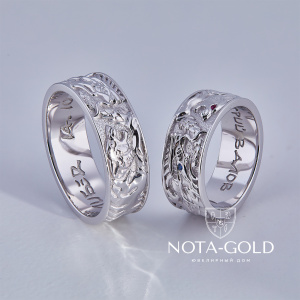 Обручальные кольца драконы из белого золота с сапфиром рубином и гравировкой (Вес пары: 18 гр.)