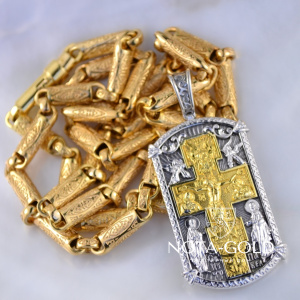 Серебряный православный жетон-иконка на цепочке плетение Узоры с позолотой (Вес: 60 гр.)