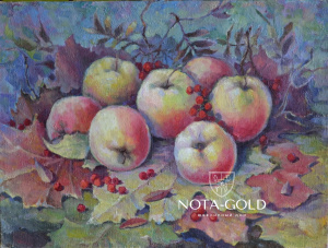 Картина натюрморт маслом на холсте - яблоки с рябиной 30x40 см