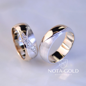 Обручальные кольца из двух видов золота с бриллиантами в женском кольце (Вес пары 14 гр.)