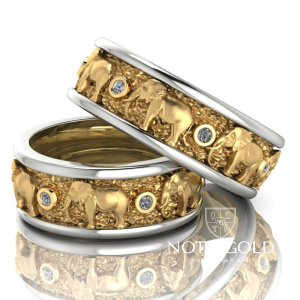 Двухцветные обручальные кольца со слонами с бриллиантами на фактуре в виде самородков золота (Вес пары: 14,5 гр.)