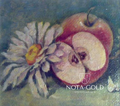Картина натюрморт маслом на холсте - яблоки с ромашкой 25x30 см